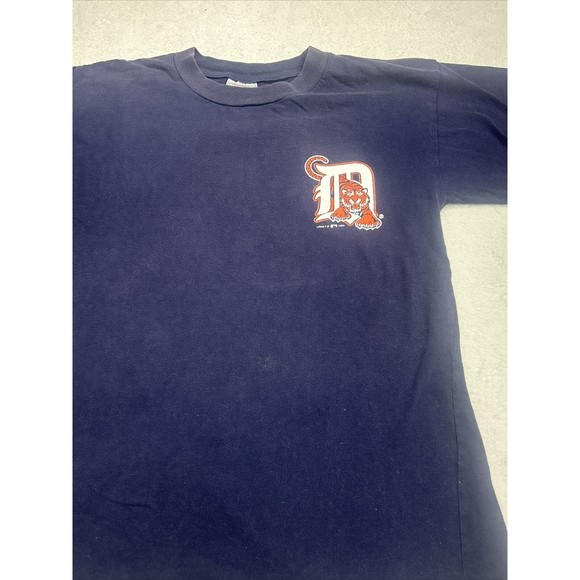 Vintage 90s Logo 7 Detroit Tigers MLB Navy Blue Graphic T-Shirt Youth Size Large - Picture 2 of 8
